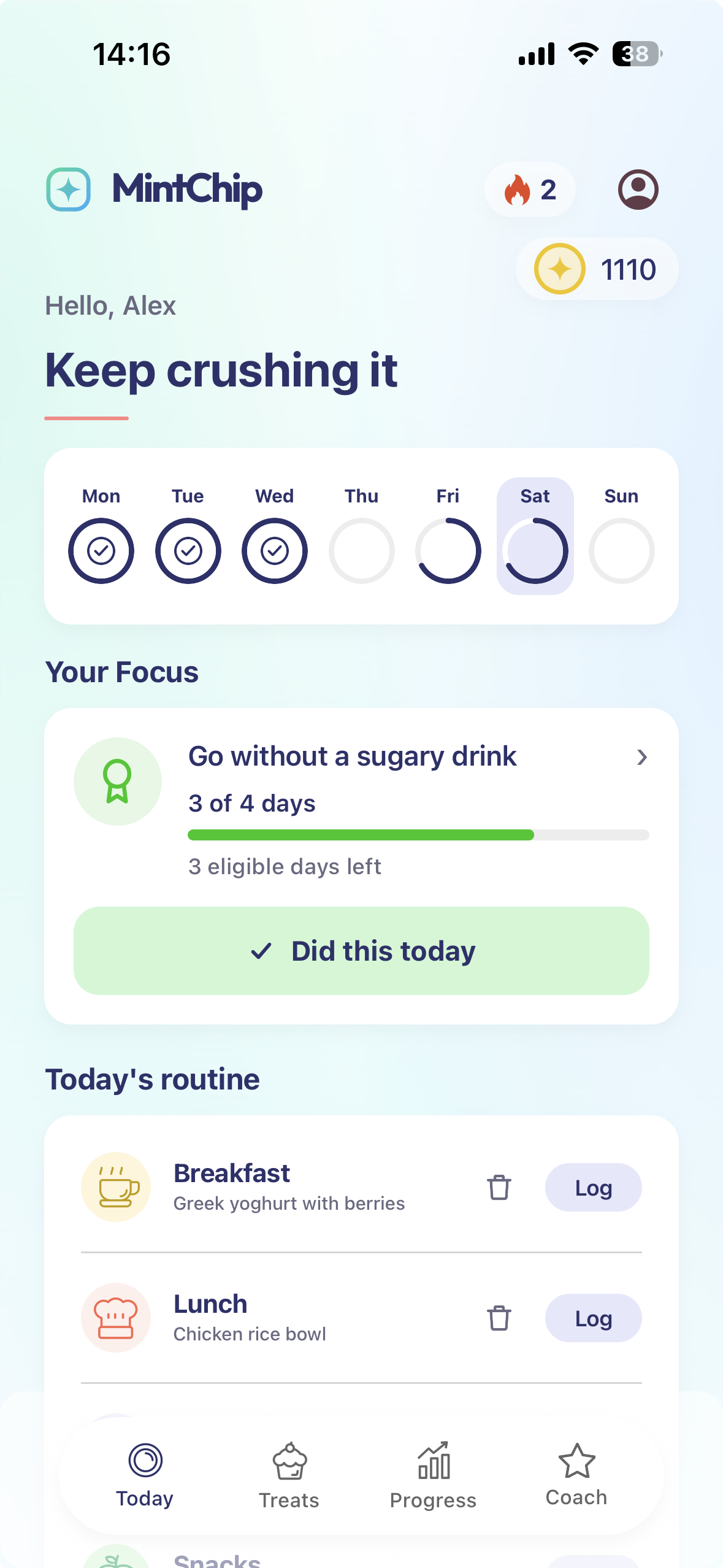 MintChip Today screen showing weekly activity, an active Focus and logged meals