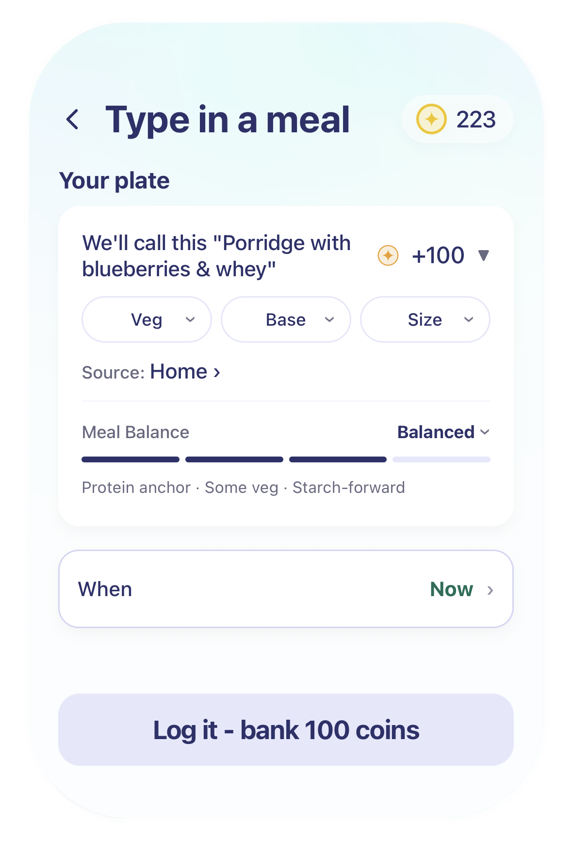MintChip meal review showing a balanced porridge meal earning 100 Treat Coins